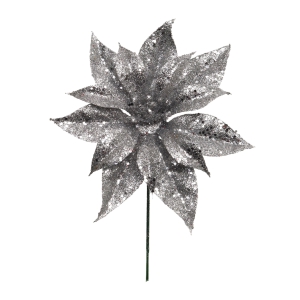 7 Inch Silver Glittered Poinsettia Pick (lot of 12) SALE ITEM